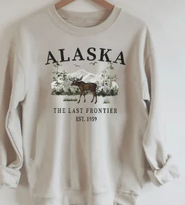 The Last Frontier Slogan Women Sweatshirt Cartoon Vintage Mountain Forest Elk Print Female Clothes Fashion Casual Retro Girl Top