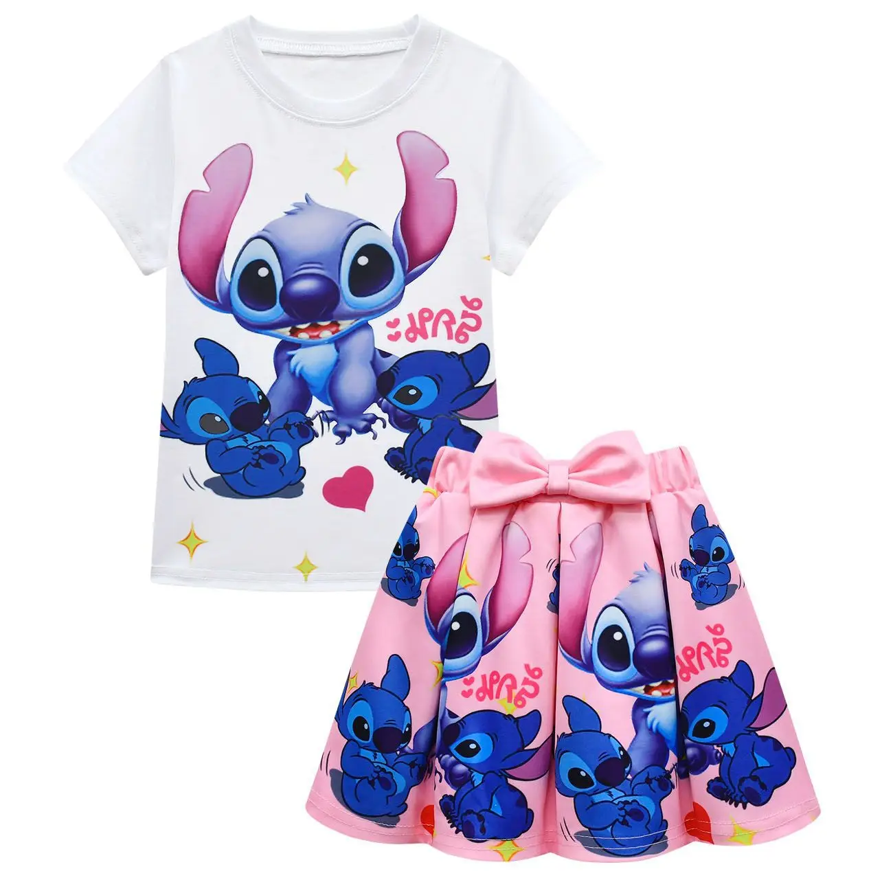 1-7 Years Children Girl Clothes Set New Stitch  Short Sleeves T-shirt +  Skirt 2PCS Summer Kids Girl School Outfit