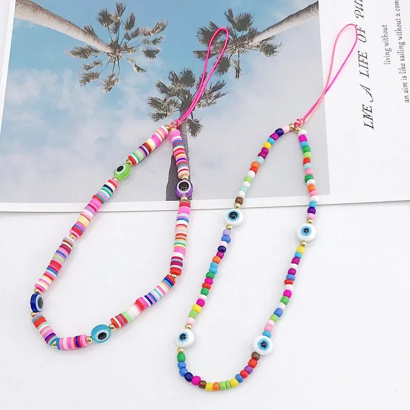 Acrylic Stars Love Bear Phone Chain Lanyard Jewelry for Women Hand Beaded Phone Case Cord Clay Devil Eye Charm Phone Accessories