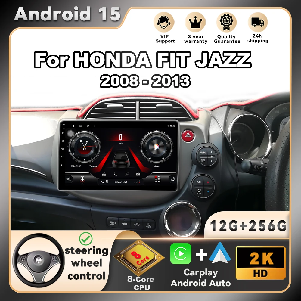 Android 15 Video Playe para HONDA FIT JAZZ 2008-2013 Radio de coche navegación Multimedia GPS inalámbrico Carplay unidad principal automática 2DIN 1