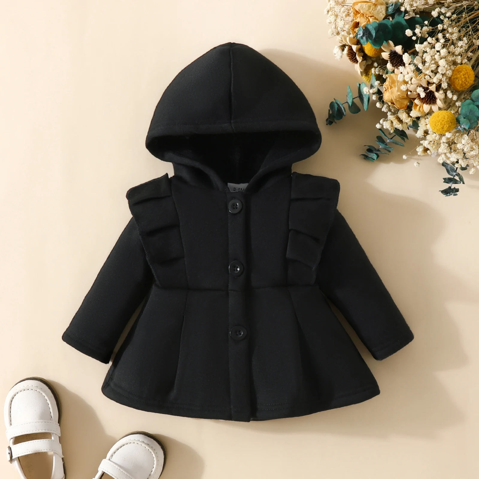 BabyGirl Ruffled Long Sleeve Fleecee Hooded Single Breasted CoatKids Clothes Autumn And WinterRecommended To Buy One Size Larger