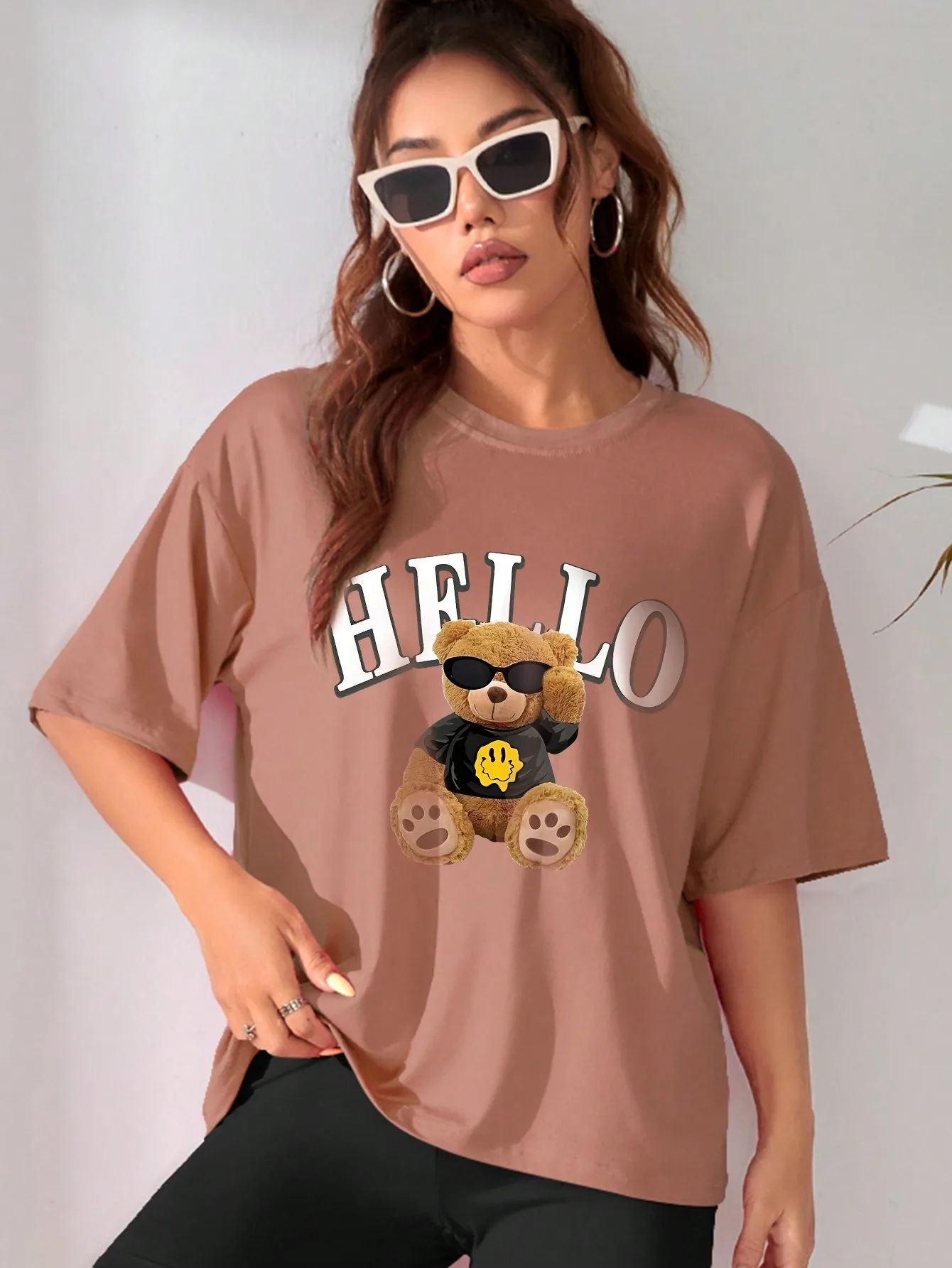 Summer women\'s fashion versatile casual drop shoulder short-sleeved T-shirt with cute letters and bear print loose top 2024 New