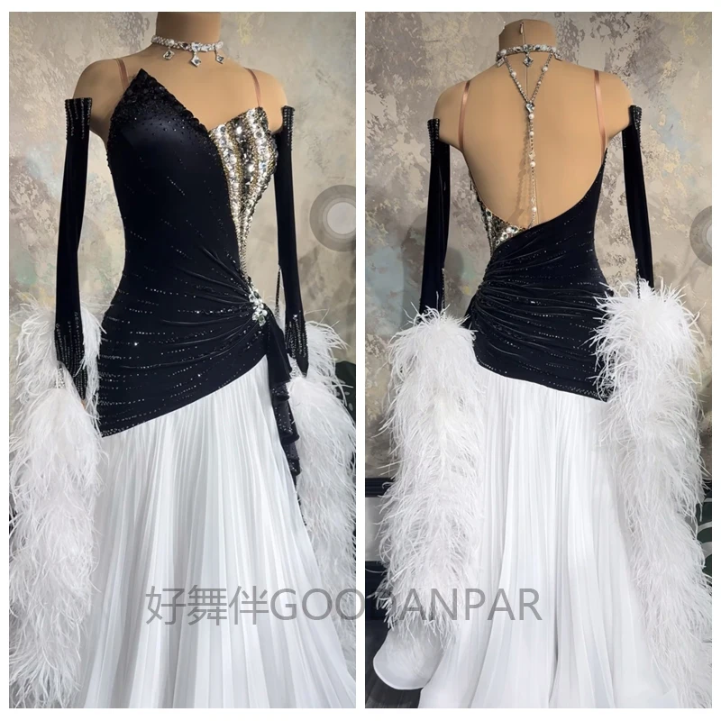 

Waltz Ballroom Dance Dress Women girl Competition Dance Gown Ballroom Dancing Waltz Perform Feather Clothing velvet fabric