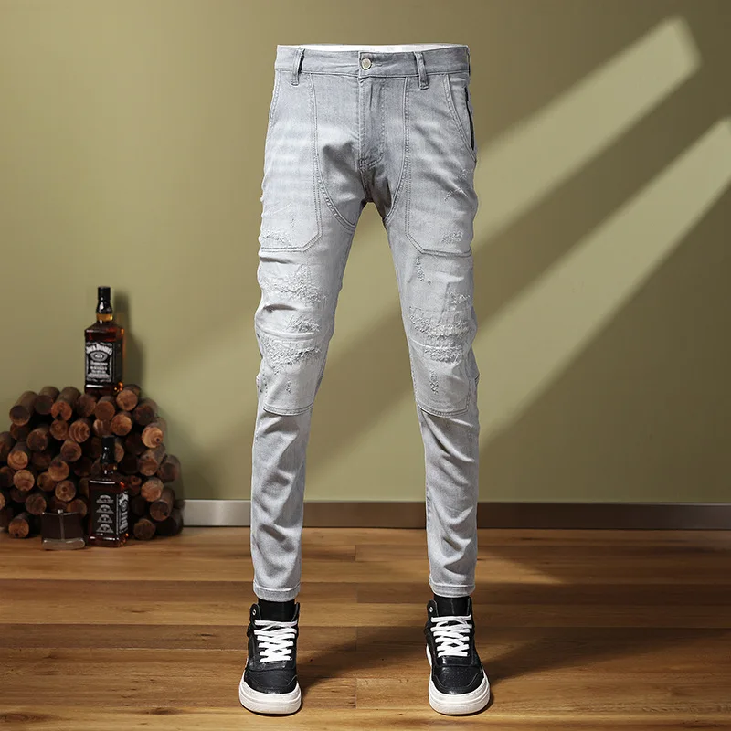 

Patch denim jeans men's trendy casual stretch slim fit ripped beggar pants summer thin pants denim jeans for men