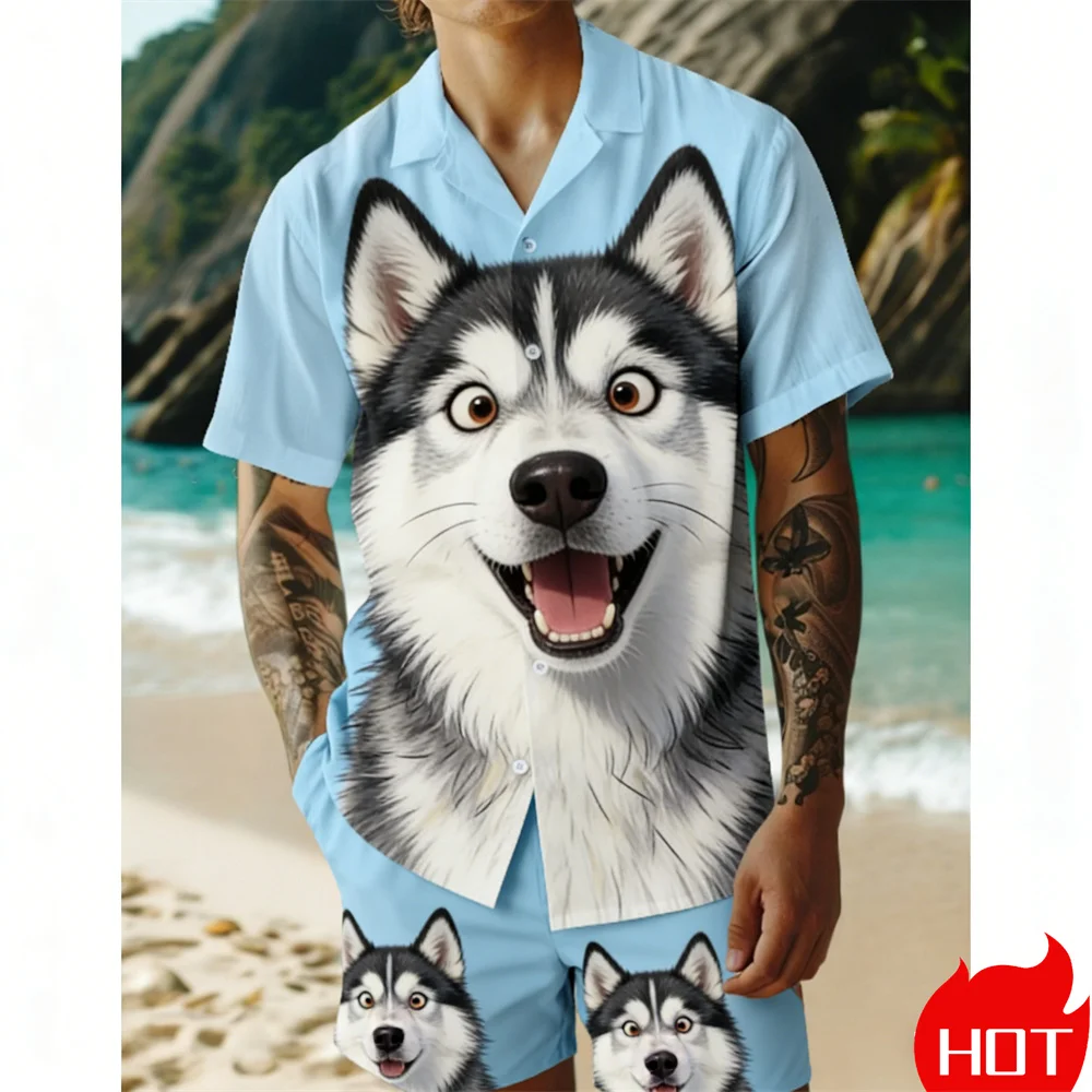 2 Piece/Set Lapel Short Sleeve Men's Sportswear Drawstring Funny Caveman Full Print Shirt Loose Shorts Sweatshirt Men's Hawaii ﻿