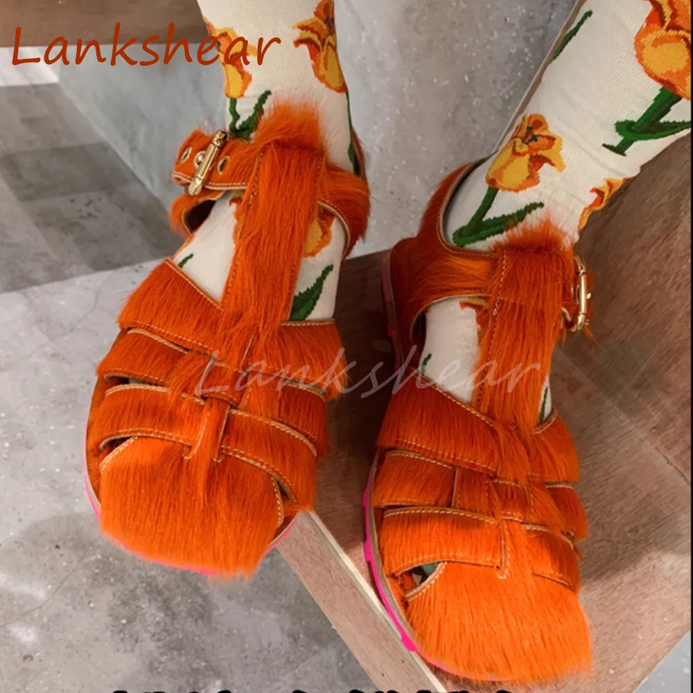 Fur Round Toe Women Sandals Weave Solid Hollow Summer Slingback Buckle Strap Falt Sole Fashion Women Shoes 2024 New Arrivals