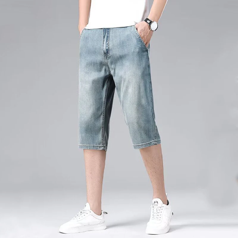 Summer Fashion Thin Calf-Length Denim Pants Streetwear Men Clothing Vintage Casual Pockets Straight Loose Versatile Blue Jeans