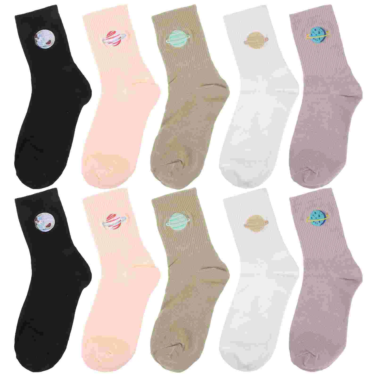 5 Pairs Socks Ladies Planet Mid-tube Embroidery Pattern Ankle Ordinary Cotton Stockings Green Adults Lovers Miss