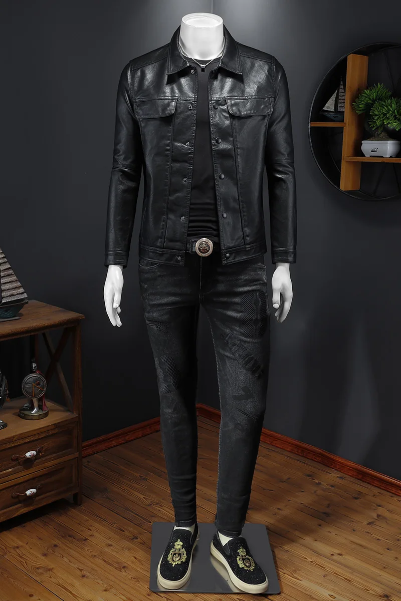 New men\'s leather jacket, men\'s lapel motorcycle leather jacket, high-quality single breasted slim fit fashionable jacket M-5XL