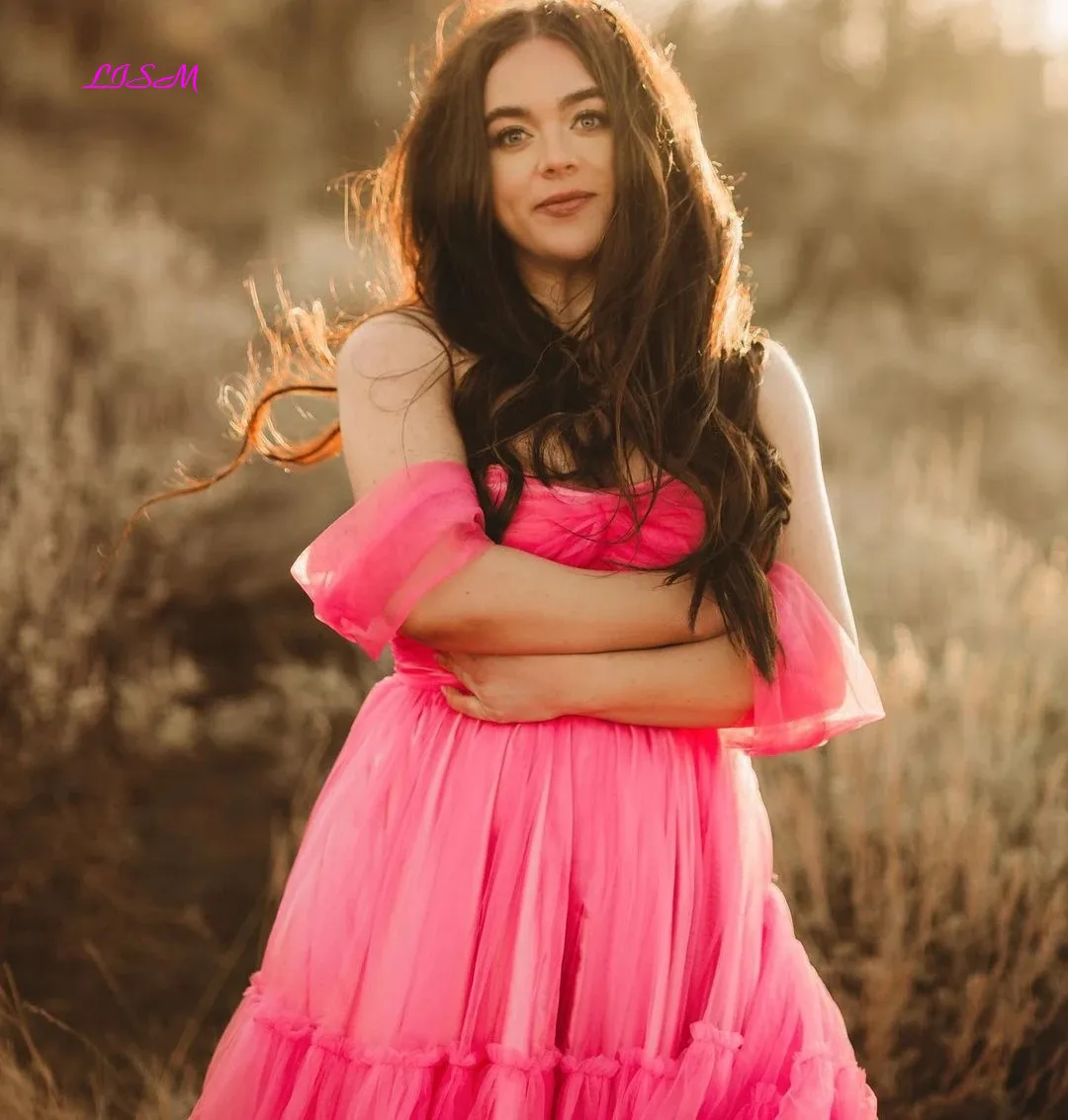 Vestido de graduación Rosa sandía encantador, vestido de maternidad de tul con hombros descubiertos, tren largo para sesión de fotos, vestidos de fiesta de noche elegantes