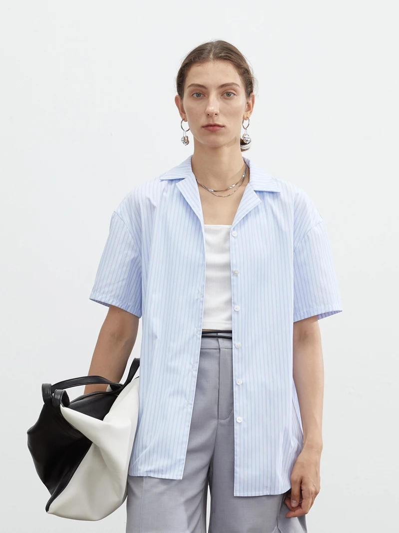 

Blank Label Women's Classic Cuban Collar ort Sve irt Loose Fit Summer Blue White Stripes Casual Original Design