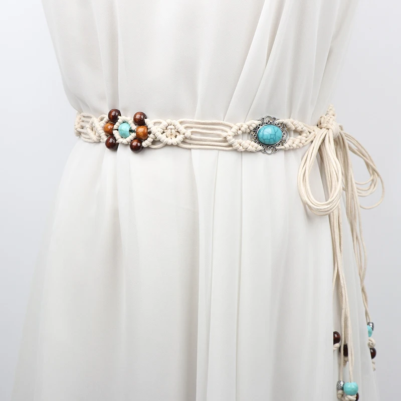 

Богемный пояс в стиле макраме, женский пояс с бирюзовыми и деревянными бусинами, завязывающаяся талия, бахрома и широкий плетеный дизайн для классических брюк, многослойные повседневные