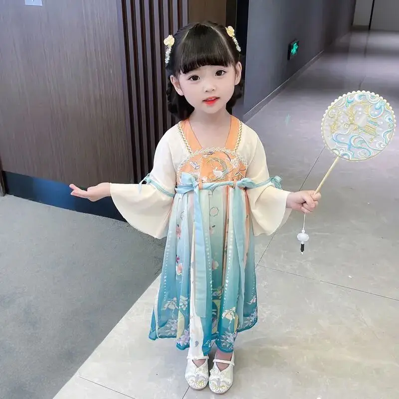 Kids Girls Hanfu Spring and Autumn Clothes 2023 New Tang Suit Chinese Children\'s Ancient Clothes Girls Baby Dress