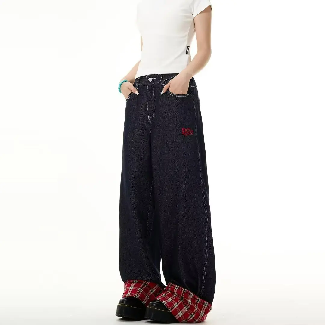 Original niche checkered embroidered spliced rolled edge jeans for men and women, casual straight leg pants  retro stacking feet