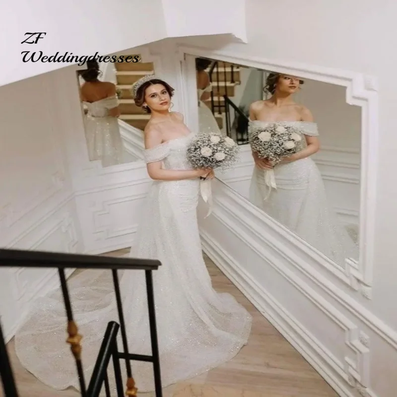 Maßgeschneiderte weiße Glitzer-Meerjungfrau-Hochzeitskleider, glänzende Pailletten, Brautkleid, abnehmbarer Zug, schulterfrei, Vestido De Novia