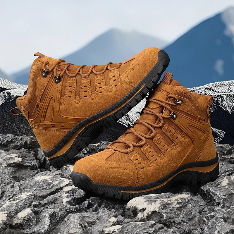 Big Size EU40‑47 Men High‑Top Hiking Boots Suede Upper Wear‑Resistant Rubber SoleNon‑Slip Outdoor Mountain Trekking WalkingShoes
