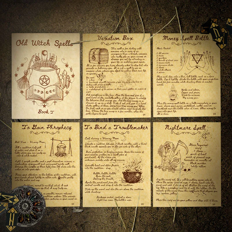 Incantes de bruja antigua, 49 hechizos imprimibles, 67 páginas, papel de escritura pergamino de antigua brujería, magia manuscrita para libro de hechizos Wicca