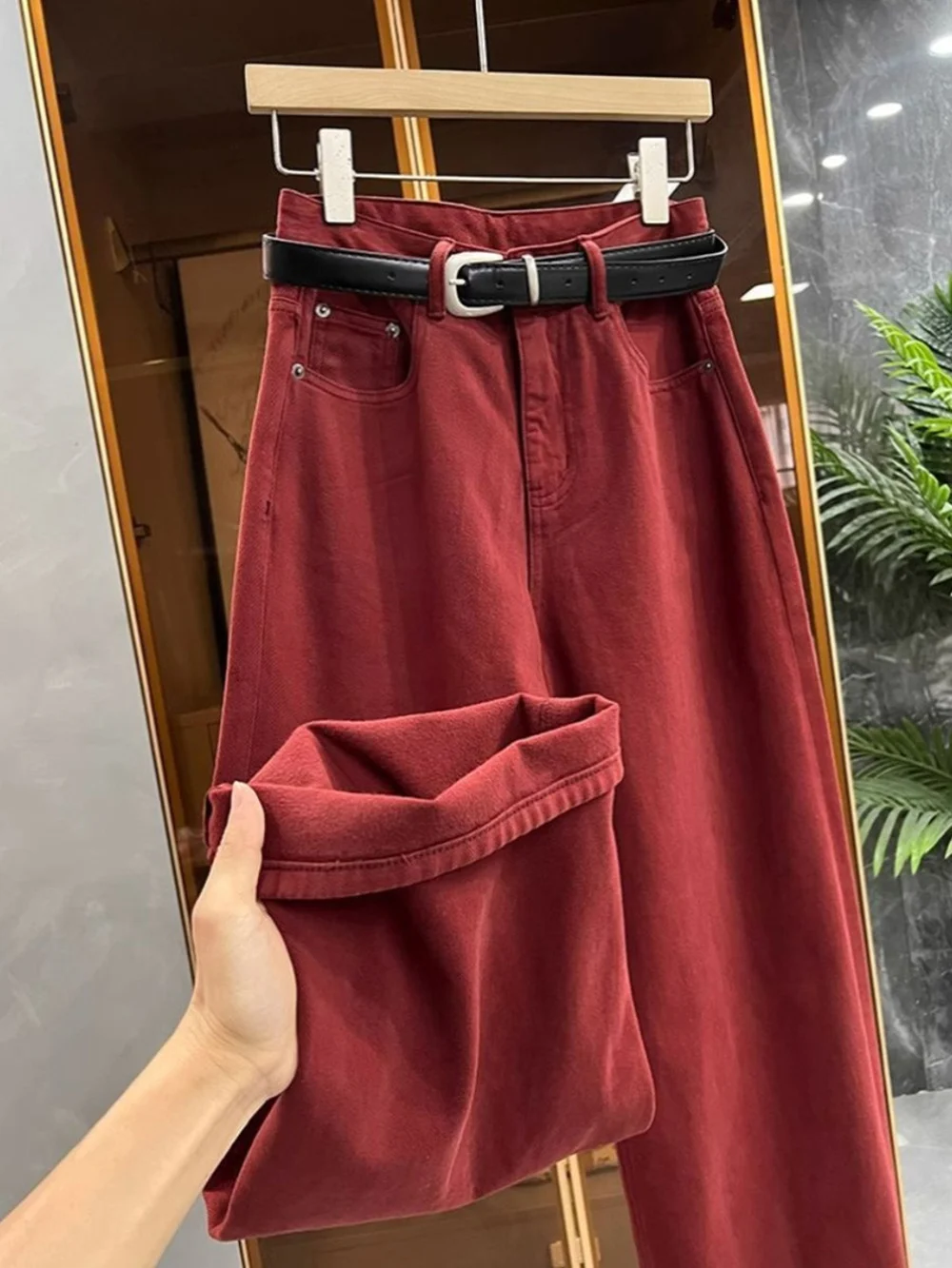 Trendy Red Denim Pants Women Spring Autumn Casual Loose High Waist Wide Leg Pants Straight Full Length Jeans Female Streetwear