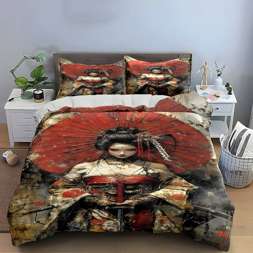 Vintage Geisha Red Parasol Samurai Duvet Cover Set,Japanese Oil Painting Bedding Includes 1 Duvet Cover And 2 Pillowcase, Gift