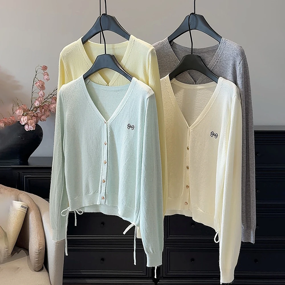 

Sweet Bow Long Sleeve Knit Cardigans Outerwear for Women Autumn Lightweight Soft Sweater Jacket Heart Buttons Knitted Coat Tops