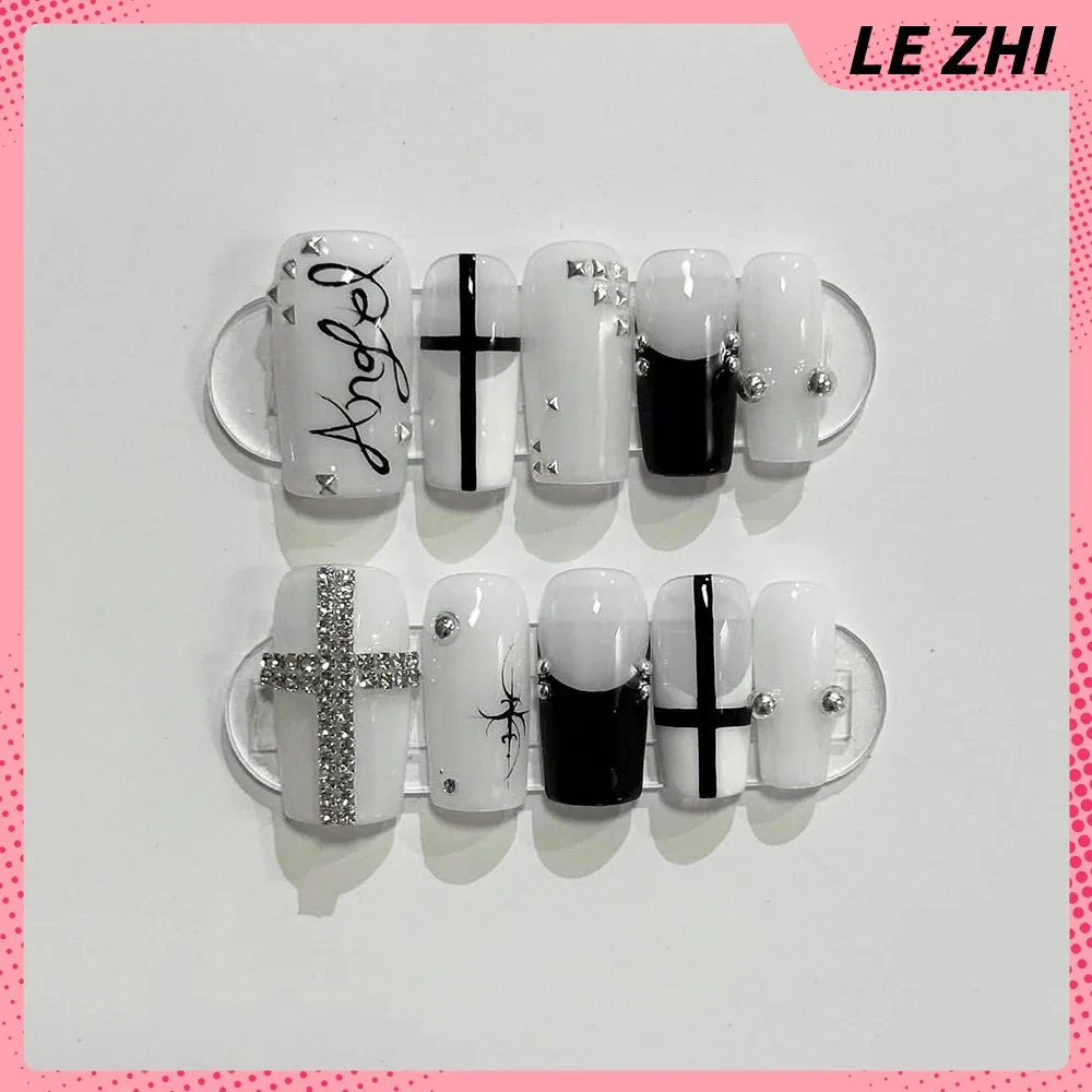 Y2K Retro Wings Stars Glitter Press On Nails Art Almond Diamond Polka Dot White Simple Steel Ball Diy Handmade Reuse Nail Art