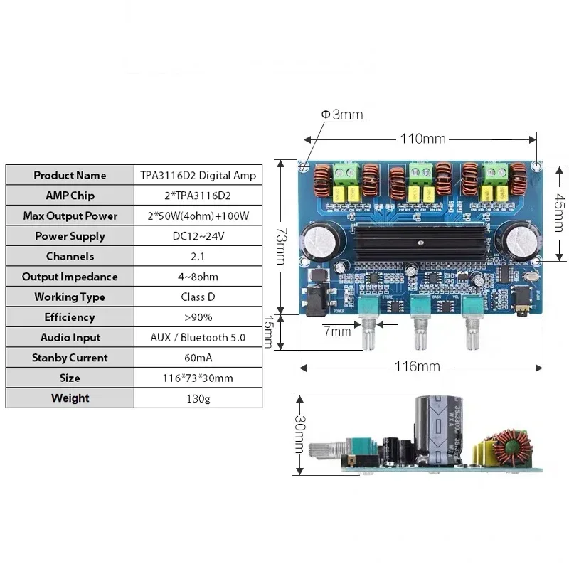 2*50W+100W Bluetooth 5.0 dual TPA3116D2 Power Subwoofer Amplifier Board 2.1 Channel TPA3116 Audio Stereo equalizer AUX Amp