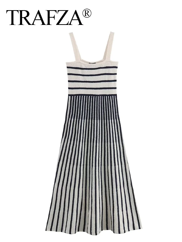 

TRAFZA Women's Fashion Sleeveless Black And White Striped Bias-Cut Midi Dress Female Chic Elegant Backless Ankle Length Dress