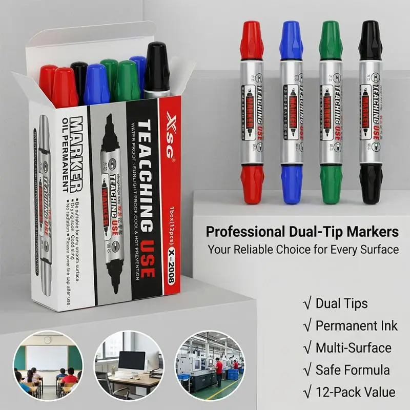 Dual Tip Permanent Markers Oil Based Waterproof Markers Multi Surface Safe Ink For Office School Industrial Teaching Use