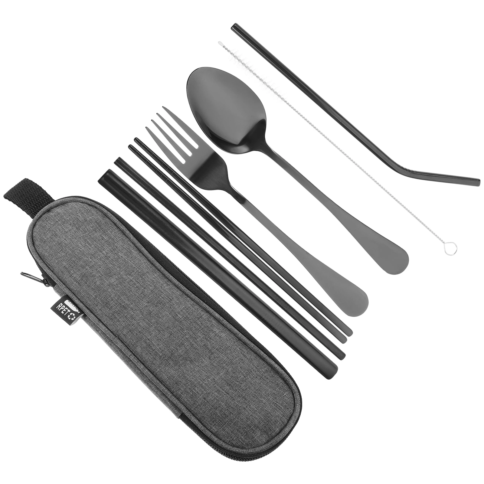 

1 Set Stainless Steel Tableware Set Fork Spoon Chopsticks Straw Cleaning Brush Storage Bag Durable Portable Outdoor Kit Reusable