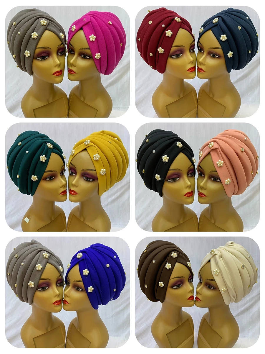 6/12 Pieces Newest Elegant Turban Hats Women Cap Beaded For India Hat Scarfs Head Wrap Headband Girl Hair Accessories Lady Ca-66