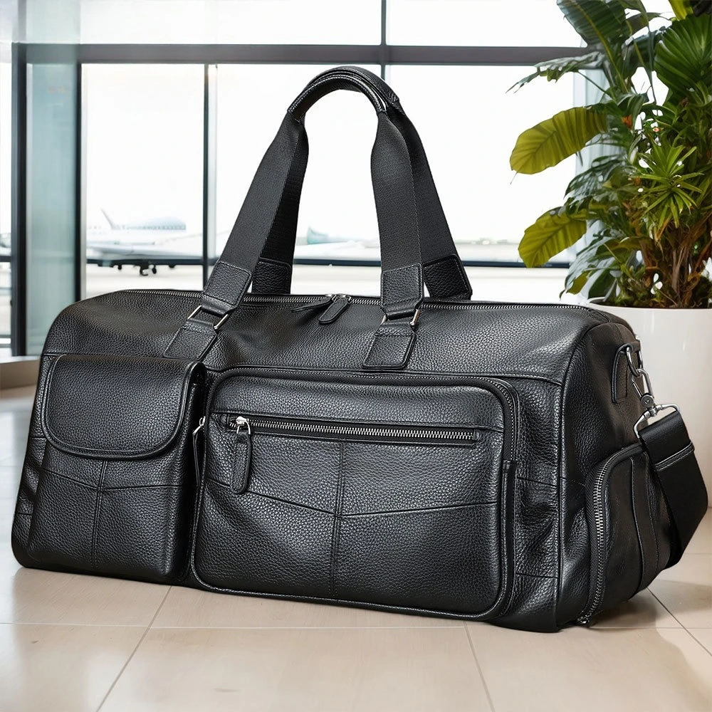 Minimalist Leather Travel Tote — Refined Vacation Duffel Bag, High-End Cowhide Luggage for the Modern Gentleman