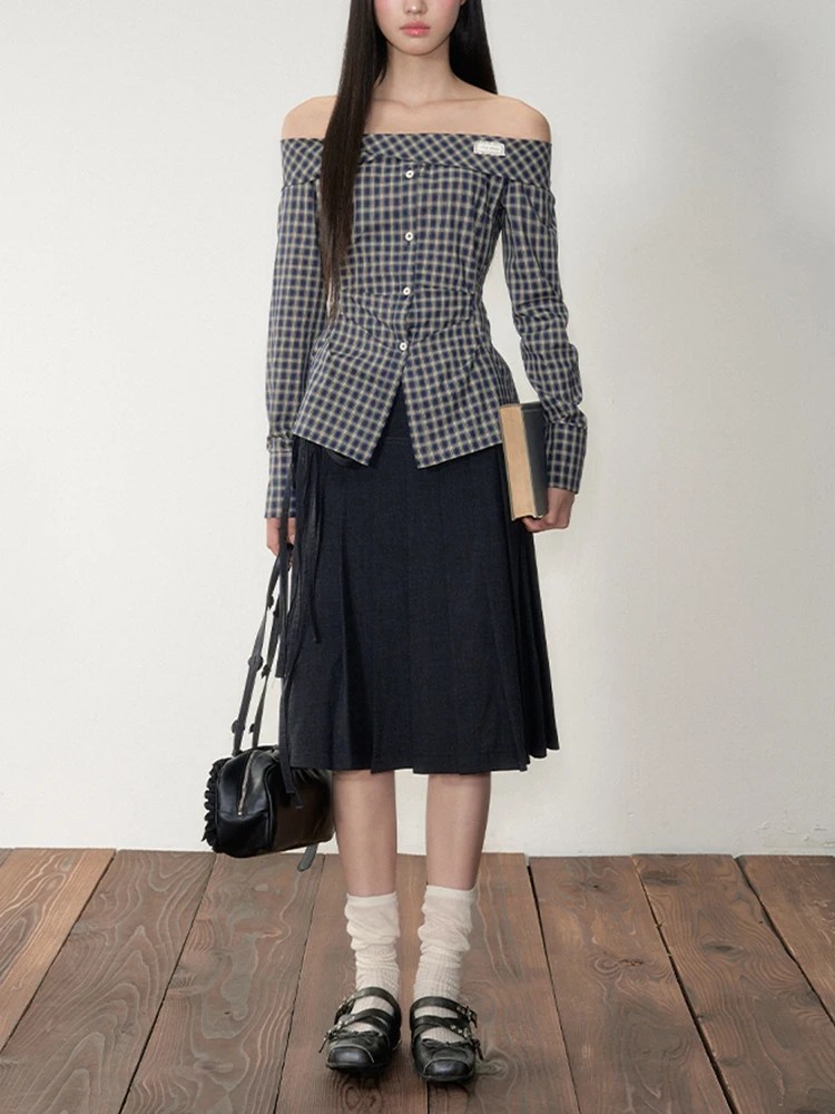 Coréen Sle oulder Bared Plaid Long Sve femmes irt début automne 2025 nouvelle taille haute minceur jupe plissée deux pièces...