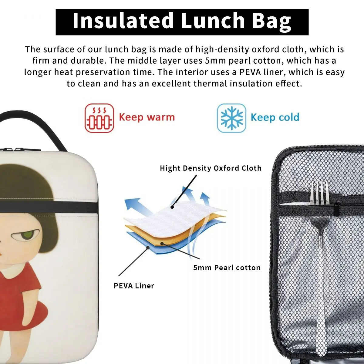 Yoshitomo Nara Insulated Lunch Bag Thermal Bag Reusable Leakproof Tote Lunch Box Bento Pouch Beach Travel