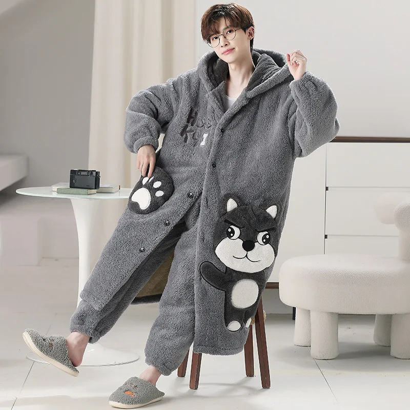 Winter Men\'s Coral Velvet Pajamas Set Thickened Long Sleeve Hooded Bathrobe Cartoon Cute Home Suit Warm Sleepwear Loungewear