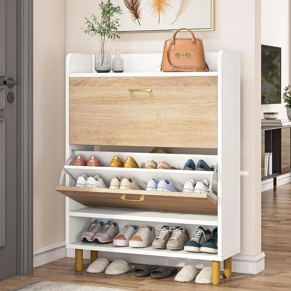 

Shoe Cabinet, 2-Tier Shoe Storage Cabinet with Flip Doors, Vintage Entryway Shoe Organizer Rack with Open Shelves