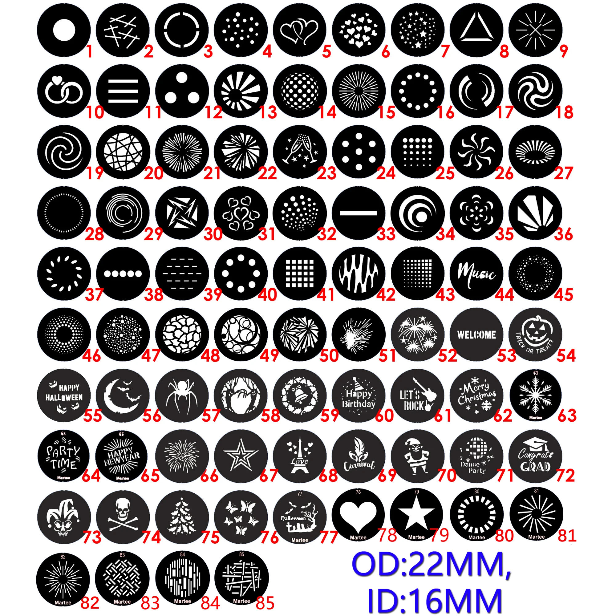 22mm 0.866 inch Outside Diameter Moving Head Light Gobo, The Pattern Is 16mm/0.63 inch, Karaoke MTV Lighting Decoration