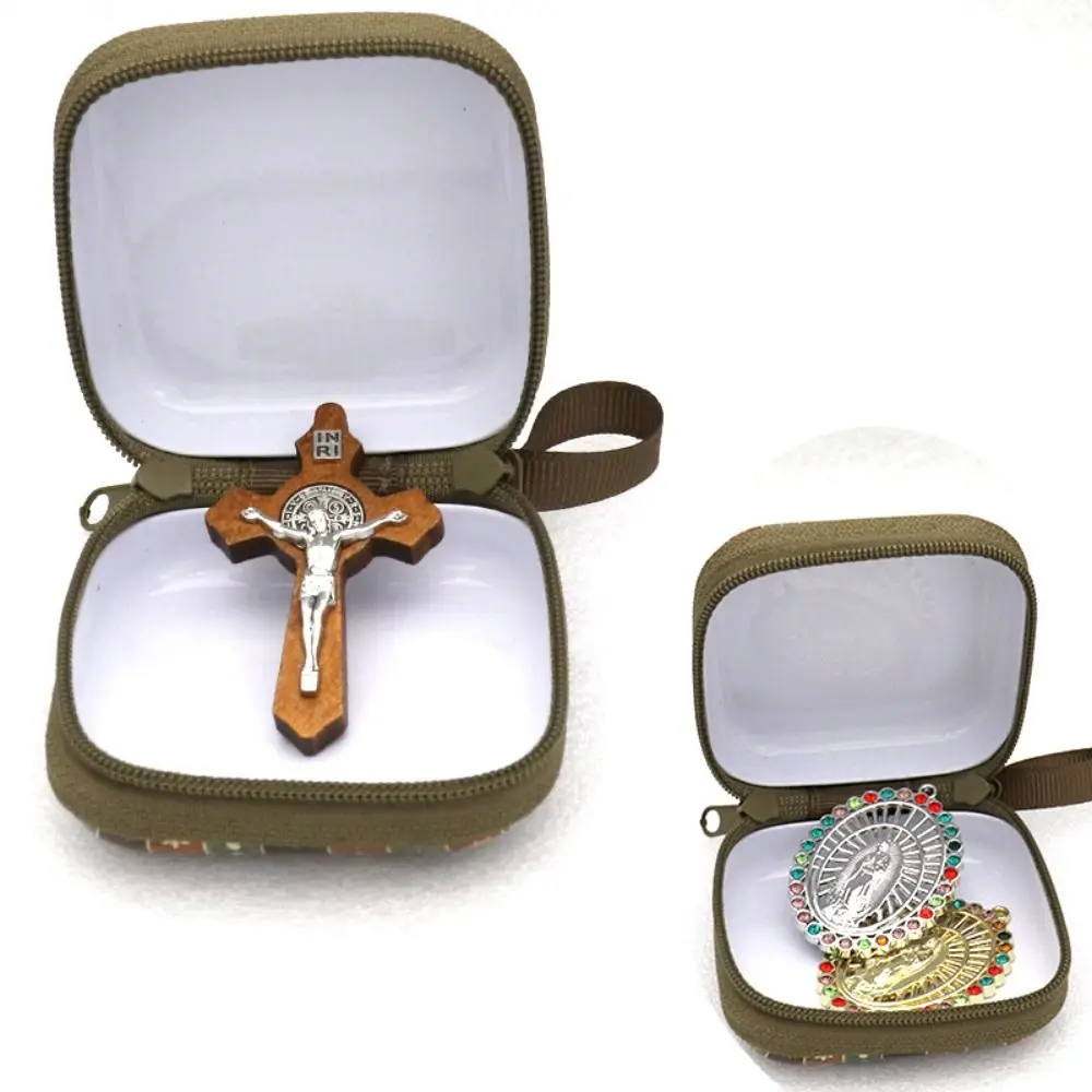 Virgin Mary Prayer Rosary Storage Bag Iron Artwork Zippered Religious Articles 7x7cm Cartoon Religious Jewelry Box