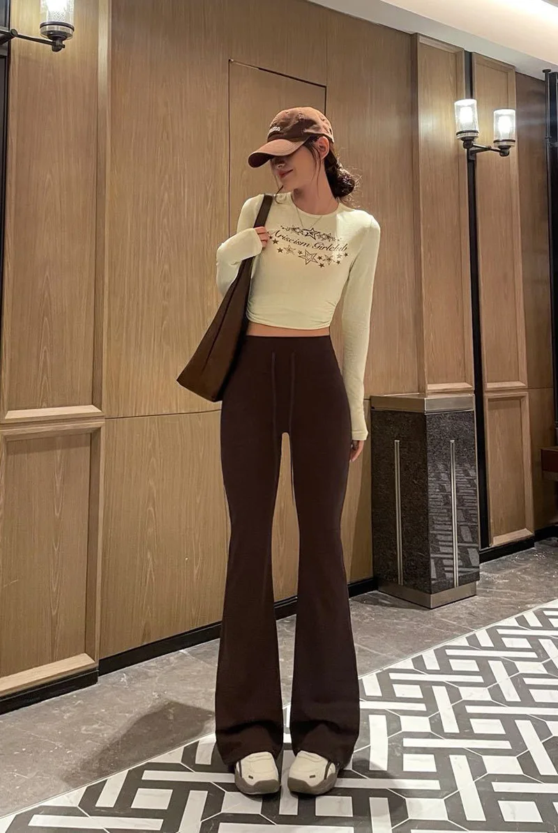 BIVIGAOS Autumn New Drawstring High Waist Micro Flared Leggings Women Slim Fit Elastic Fashionable Casual Sports Flared Pants
