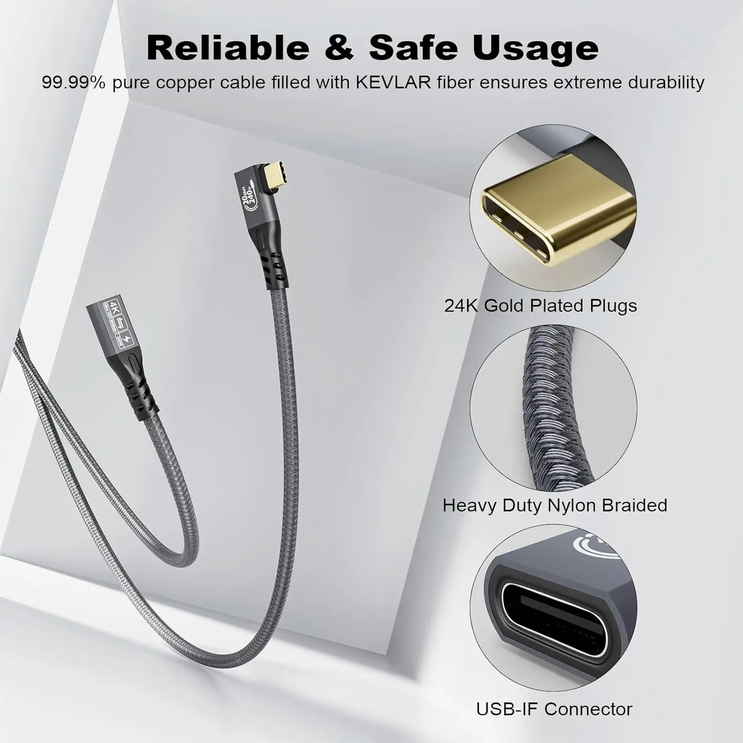 كابل USB C إلى USB C 3.2 ذكر Gen2 × 2 كابل شحن من النوع C، نقل البيانات بسرعة 20 جيجابت في الثانية، كابل شحن سريع 240 وات 48 فولت/5 أمبير، 4 ك