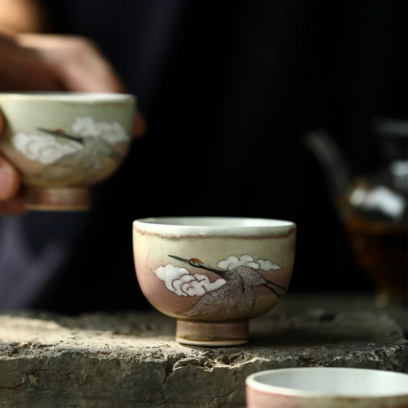 ★Jingdezhen Handmade Glazed Hand Painted Plain Red Crane Cup Boutique Master Cup Firewood Burning Tea Cup Tea Set Tea Cup