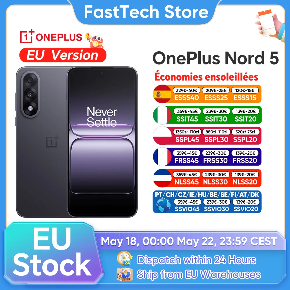 Nouveau smartphone OnePlus Nord 5 5G Snapdragon ™   8s Gen 3, écran AMOLED 6,83 pouces, 144 Hz, 5200 mAh, 80 W SUPERVOOC, double appareil photo 50 MP