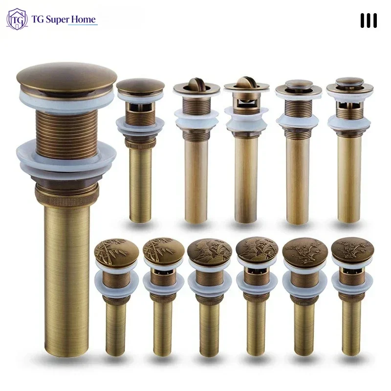 Antique Brass Pop Up Drain Bathroom Sink Push Down Pop Up Stopper Drain Washbasin Accessoires Plug Cover Waste Pipe Drainer