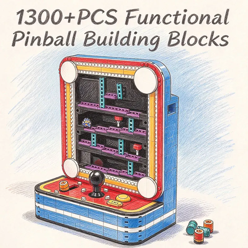 New Pinball Machine Building Blocks Set 1300+PCS DIY Assembly Tabletop Game Model Collectible Display Construction Toy for Adult