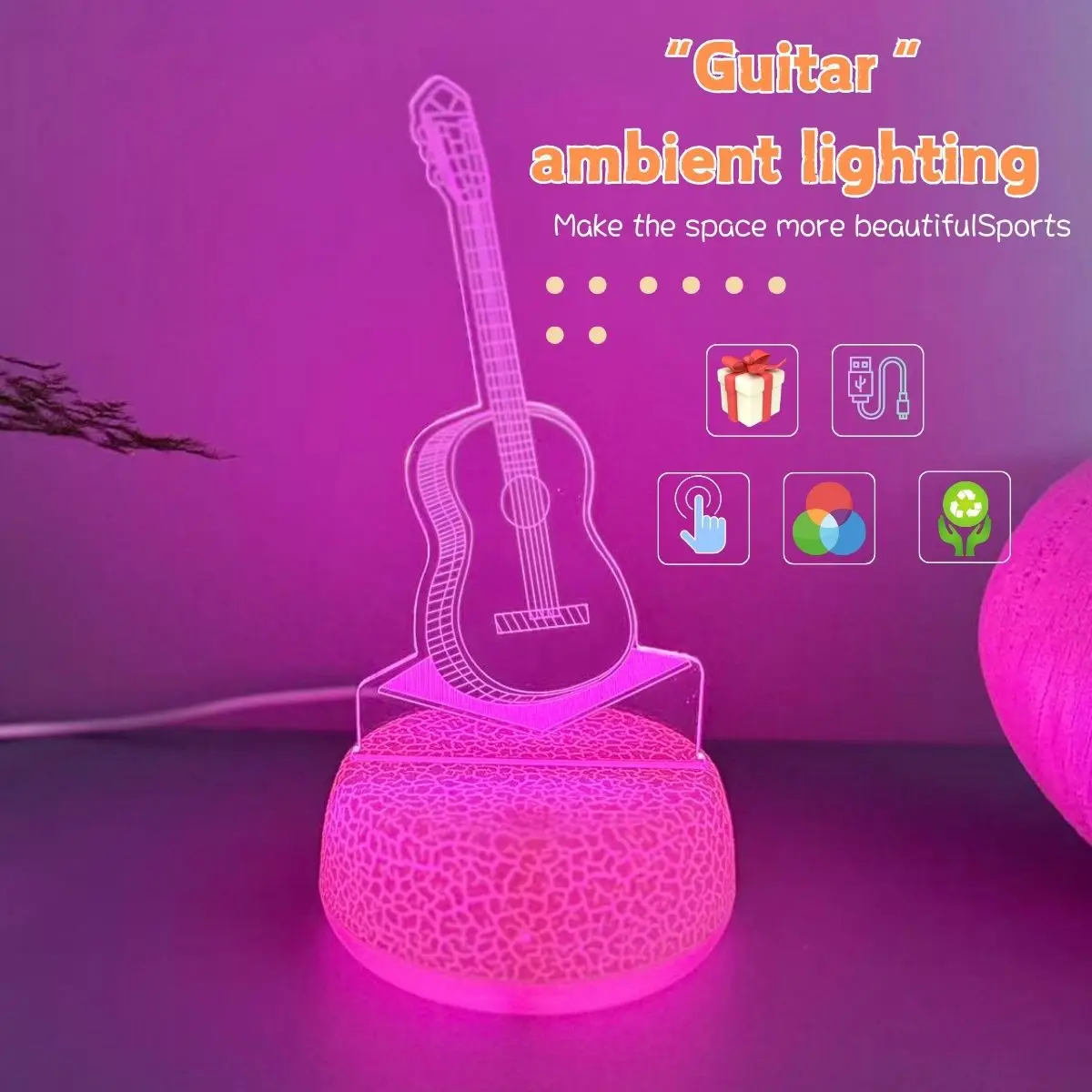 

3D красочный ночник - USB-гитара, декоративный светодиодный ночник - музыкальный инструмент, декоративный светильник для вечеринки, гитарный энтузиаст Gi