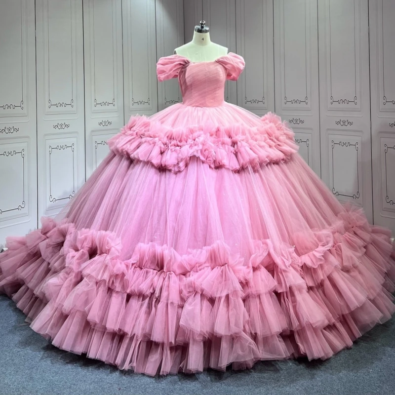 

Розовые платья Quinceanera с открытыми плечами, многоуровневое тюлевое платье для вечеринки, дня рождения, сладкое платье 16, Vestidos 15 De Anos