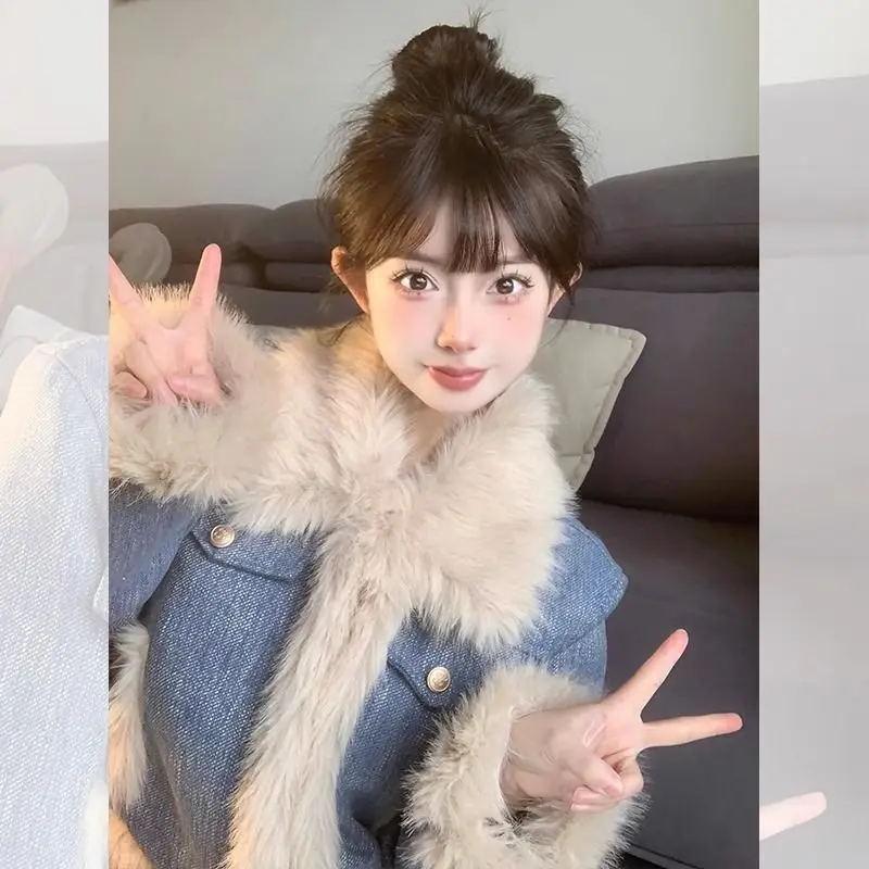 

Джинсовое пальто, черное сексуальное меховое плюшевое женское зимнее пальто обычного кроя, французский шик, городское социальное комфортное удержание с защитой от запаха, нечеткий шнурок