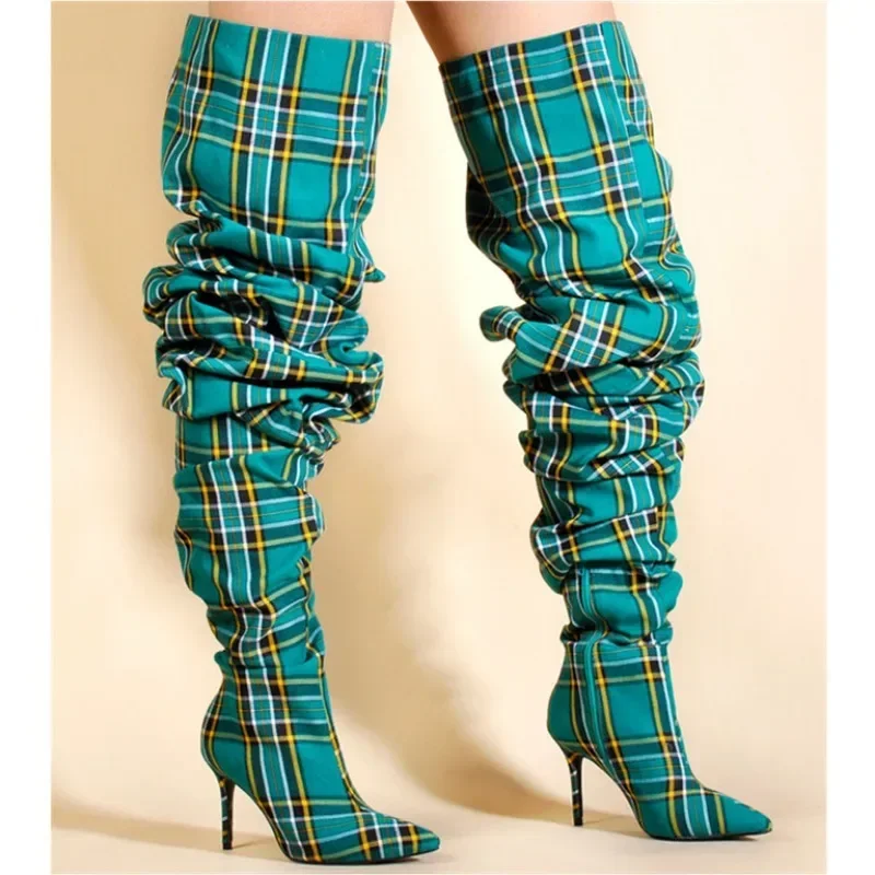 European and American Fashion PU Plaid Knee Length Slim High Heel Sleeve Boots, Women\'s Sexy Nightclub Stage Runway Boots