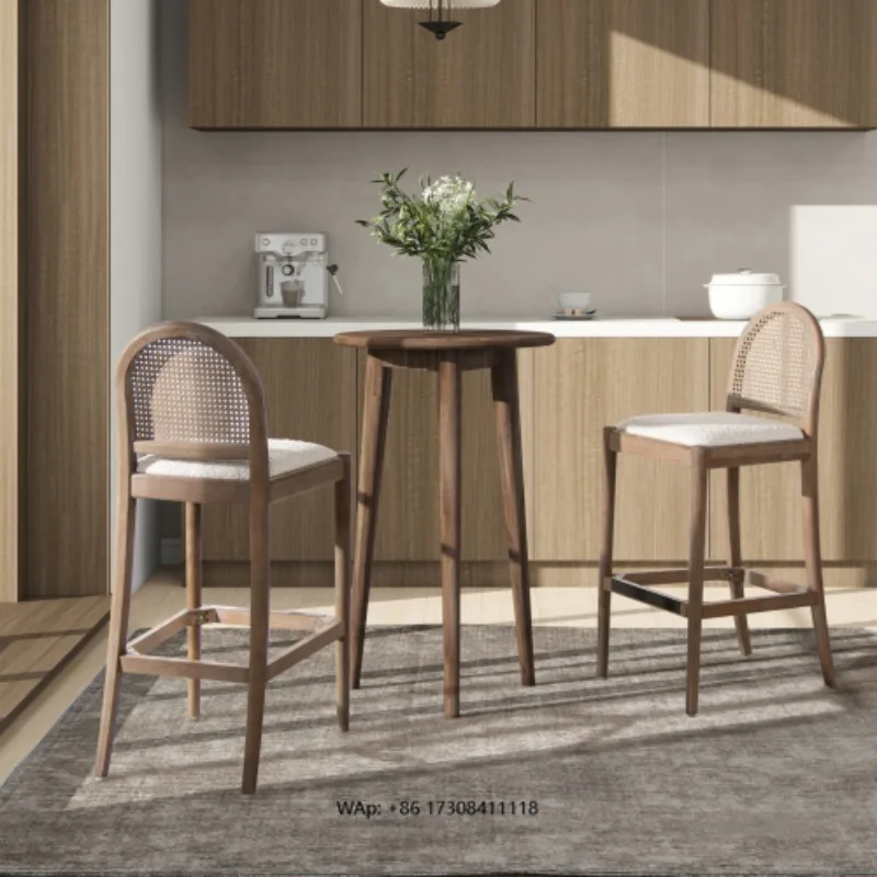 Wood Rattan Bar Chair Simple Retro Bar Stool for Home Island Cafe High Chair for Use