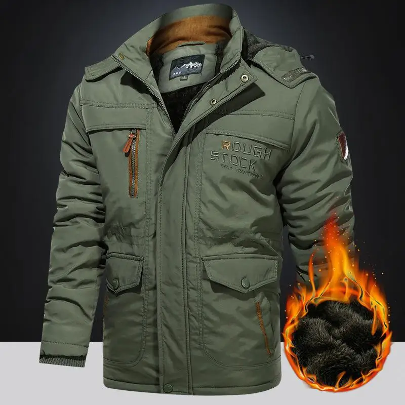 Winter Men\'s Casual Cotton Jacket Thick Multi Pocket Assault Jacket for Middle-aged Young People Windproof Plush Cotton Jacket