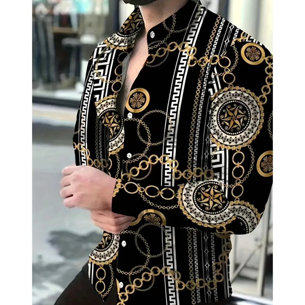 2026 New Hawaii Shirt Luxury Gold Pattern Shirt Men's Fashion Casual Shirt Long-sleeved Lapel Temperament Shirt Men's Clothing